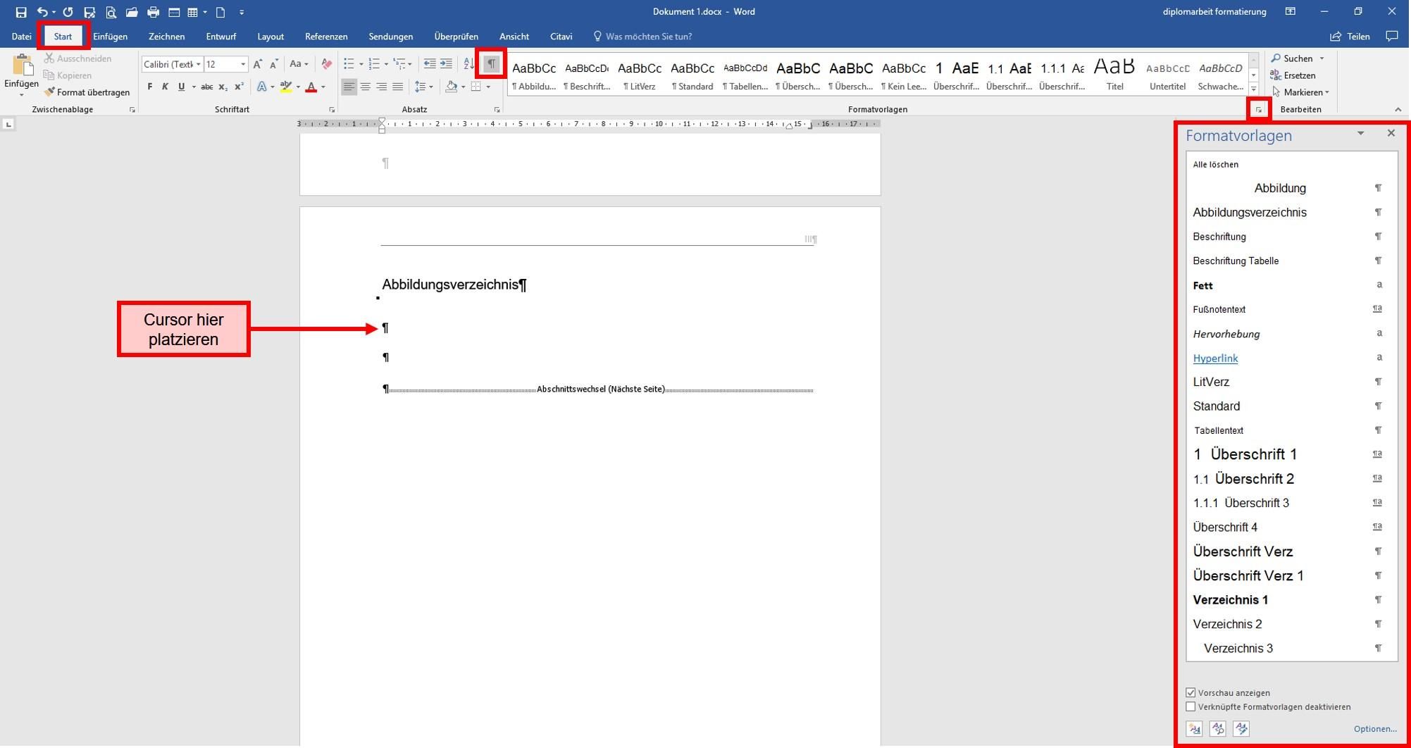 richtiger Ort für Abbildungsverzeichnis in Word