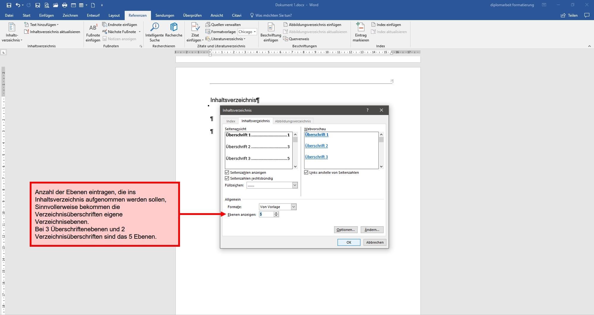 Ebenenanzahl im Inhaltsverzeichnis festlegen